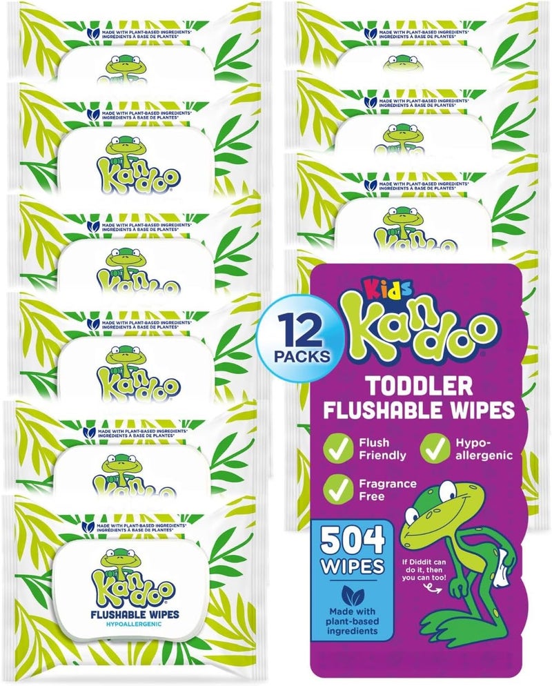 Kandoo Flushable Wipes for Baby and Kids, Unscented for Sensitive Skin, Hypoallergenic Potty Training Wet Cleansing Cloths, 42 Count, Pack of 12 - Image 1